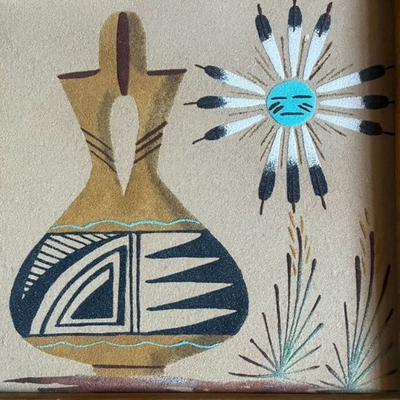 Vintage Framed Navajo Sand Art 12" x 12" Painting Pottery Southwestern - Picture 2 of 5
